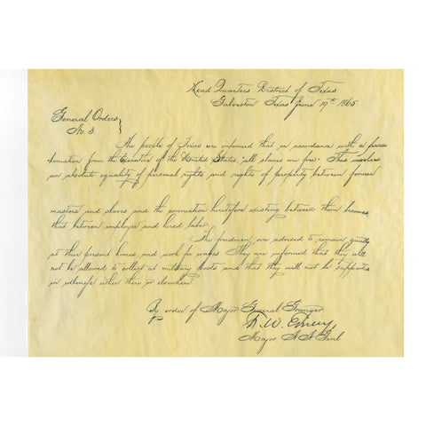 General Orders No.3 Juneteenth Historical Document Replica