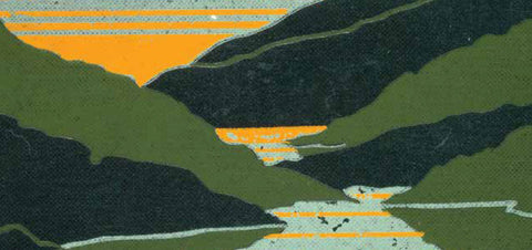 An abstract landscape view with mountains on either side and a stream in the middle