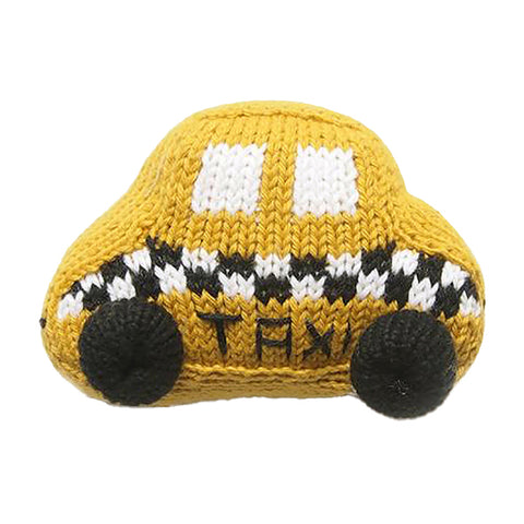 Yarn stitched rattle in the shaped of a yellow taxi with white and black accents