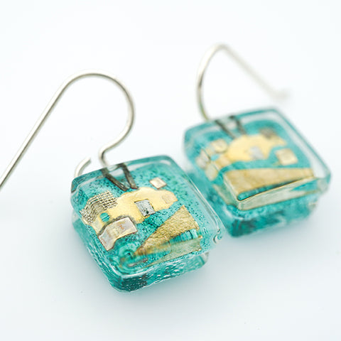 Golden Phase Aqua Cube Earrings