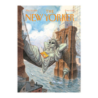 The New Yorker Liberty Lounge Notecard depicts the iconic green lady of liberty lounging on the wire of the Brooklyn bridge like a hammock 