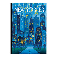The New Yorker Stellar Night Notecard features view of two people walking in a park with a skyline of buildings in a various shade of dark blue with a scattering of yellow to depict the windows