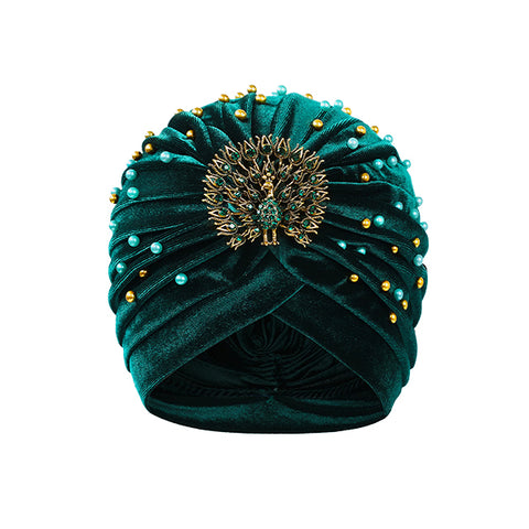 Dark Green Peacock Beaded Turban