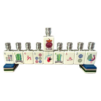 Menorah designed like a set of Mahjong tiles with silver candle holders