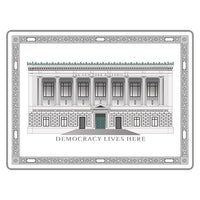 A white trinket tray featuring a grey-toned wrapped design of the The New York Historical Facade 
