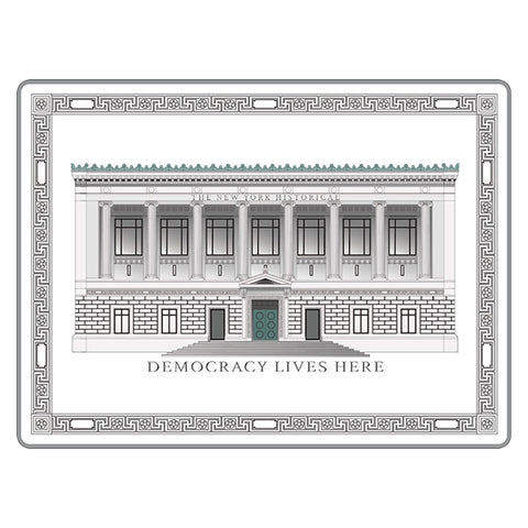 A white trinket tray featuring a grey-toned wrapped design of the The New York Historical Facade 