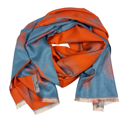 Teal Orange Gingoki Leaves Scarf