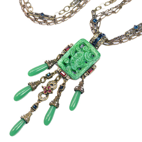 Art Deco Glass Jade Fringe Collar Necklace
