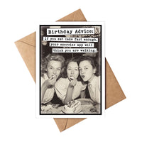 Birthday card with vintage photo of three women eating cake and humorous birthday advice text.