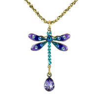 Purple and Iridescent Green Dragonfly Crystal Drop Necklace