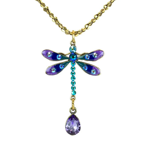 Purple and Iridescent Green Dragonfly Crystal Drop Necklace