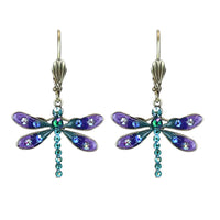 Purple and Iridescent Green Crystal Dragonfly Charm Earrings