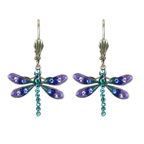Purple and Iridescent Green Crystal Dragonfly Charm Earrings