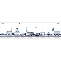 Illustration of a row of church steeples with labels below on a white background