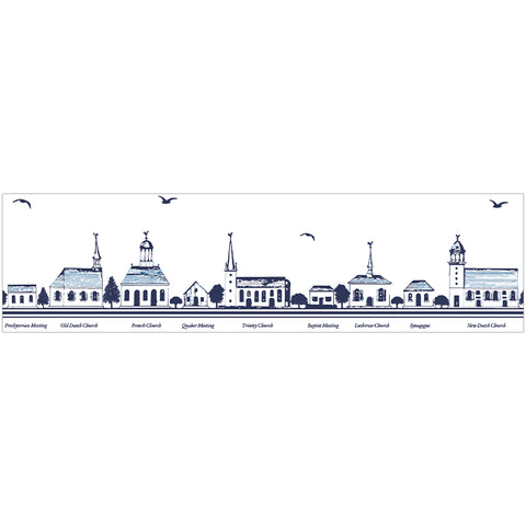 Illustration of a row of church steeples with labels below on a white background