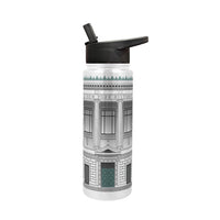 A metal water bottle with straw top and handle featuring a textured design of the facade of the New York Historical building in white to grey tones and green accents