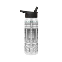 A metal water bottle with straw top and handle featuring a textured design of the facade of the New York Historical building in white to grey tones and green accents