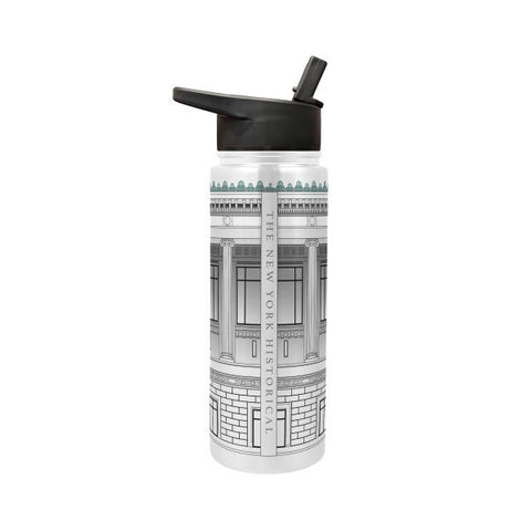 A metal water bottle with straw top and handle featuring a textured design of the facade of the New York Historical building in white to grey tones and green accents