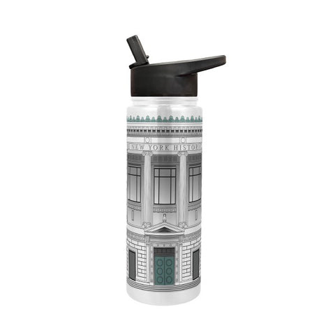 A metal water bottle with straw top and handle featuring a textured design of the facade of the New York Historical building in white to grey tones and green accents