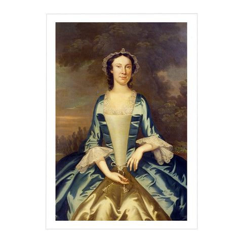 A postcard depicting a portrait of a young woman wearing a blue 18th-century dress with white ruffled sleeves and a lace cap. She is seated facing the viewer.