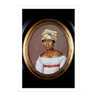 A notecard depicting a portrait of a young black woman wearing a yellow, blue, and green head wrap with an off the shoulder white dress with a red waist belt. She is centered in a gold frame on a black background