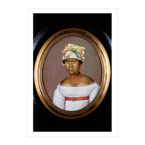 A notecard depicting a portrait of a young black woman wearing a yellow, blue, and green head wrap with an off the shoulder white dress with a red waist belt. She is centered in a gold frame on a black background