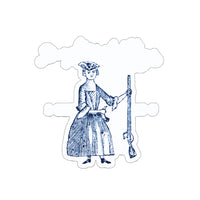 A die cut shape sticker featuring a transparent illustration of a woman wearing a time period outfit with a tricorne hat holding a rifle in one hand and a horn in the other with the text 
