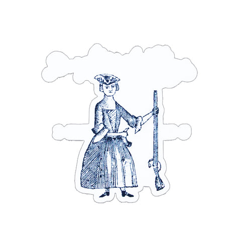 A die cut shape sticker featuring a transparent illustration of a woman wearing a time period outfit with a tricorne hat holding a rifle in one hand and a horn in the other with the text 