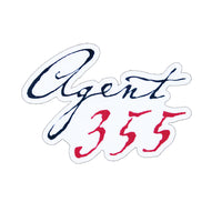 A Die-cut sticker of the cursive text in blue and red 