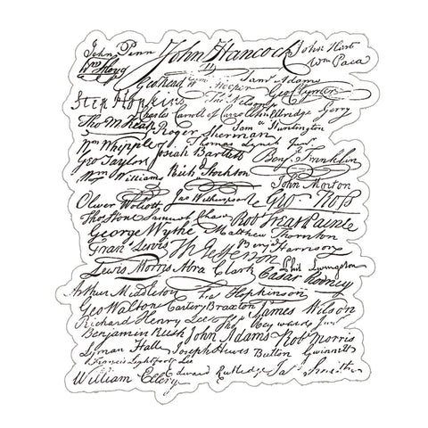 A rectangular-shaped sticker featuring the signatures of the signers of the U.S. Constitution