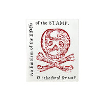 A rectangle-shaped sticker featuring a red skull illustration with the text around the border 