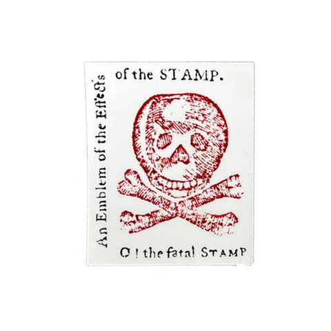 A rectangle-shaped sticker featuring a red skull illustration with the text around the border 