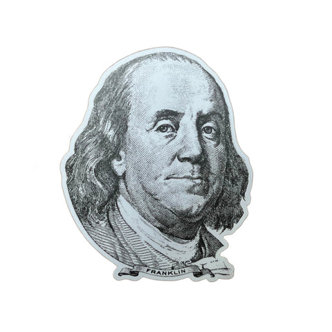 A die cut shaped sticker featuring the portrait of Benjamin Franklin