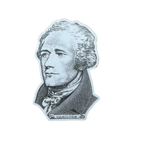 A die-cut shaped sticker featuring the portrait of Alexander Hamilton