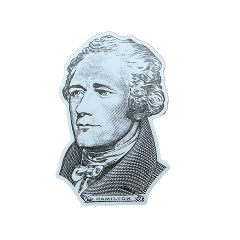 A die-cut shaped sticker featuring the portrait of Alexander Hamilton