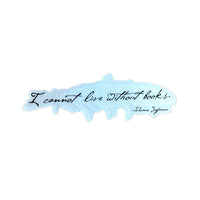 A transparent sticker in the shape of a feather with the text 