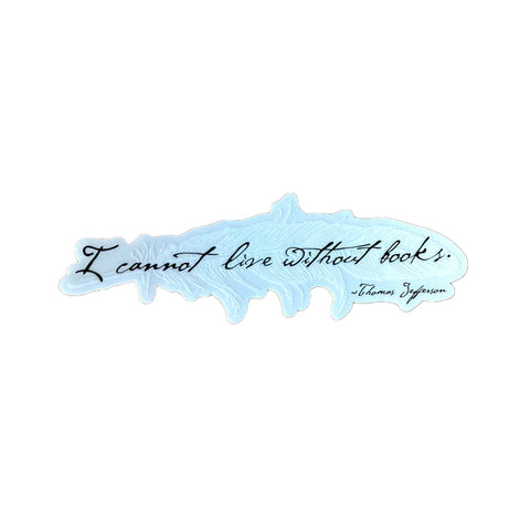 A transparent sticker in the shape of a feather with the text 
