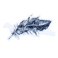 Feather-shaped sticker with the illustration of a feather and the cursive text 