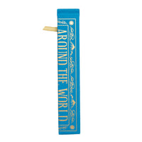 A blue folding fan depicting a cover of a book with the text 