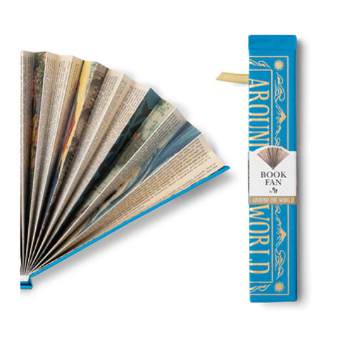 A blue folding fan depicting a cover of a book with the text 