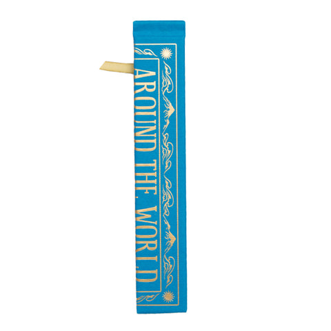 A blue folding fan depicting a cover of a book with the text 