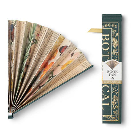 Two green folding fans depicting a cover of a book with the text 