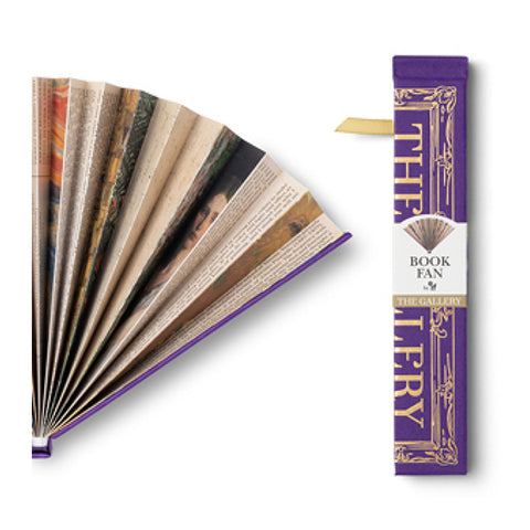 Two purple folding fans depicting a cover of a book with the text 