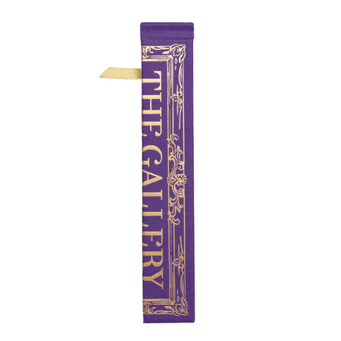 A purple folding fan depicting a cover of a book with the text 