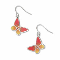 A pair of silver butterfly drop earrings with red and yellow gradient wings.