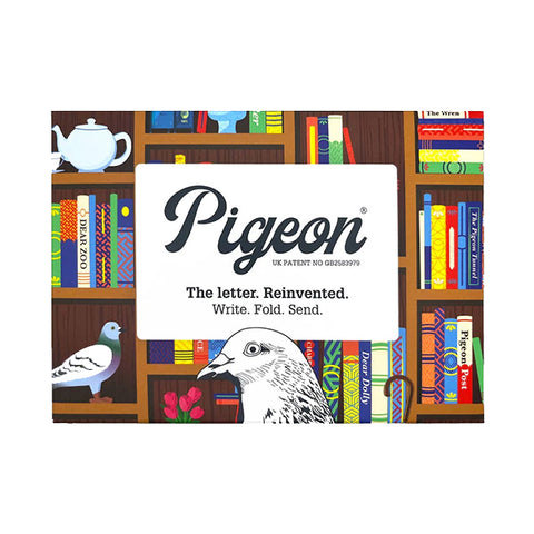 The packaging cover depict a pigeon on the center lower box with a colorful rendition of a library shelf filled with books and the text in the center 
