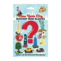 The package of New York City mystery mini blocks has various landmarks and a big red question mark on the middle of the packaging.