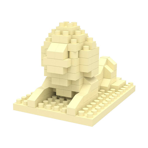 A beige building block sculpture resembling the shape of a lion