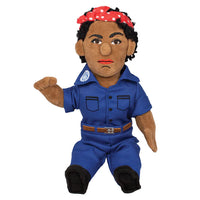 A Black Rosie the Riveter doll in a blue jumpsuit, wearing a red and white polka dot bandana