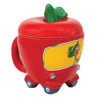 Red apple-shaped mug with the cartoon illustration of lowly worm, a character from the children's book titled 